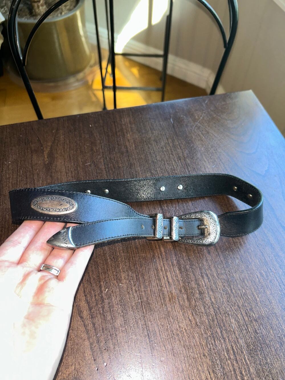 Vtg Canterbury Black Genuine Leather Belt W Silver Metal Buckle Conchos small